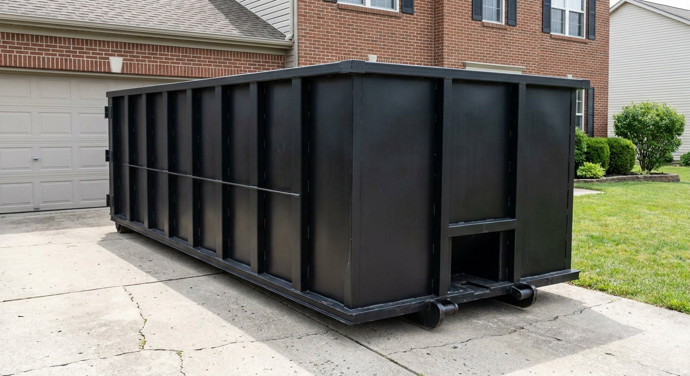 Matte-black 20-yard roll-off container on a Iowa City residential concrete driveway with reinforced ribbed steel sidewalls and a hinged rear walk-in door, clean bright daylight.
