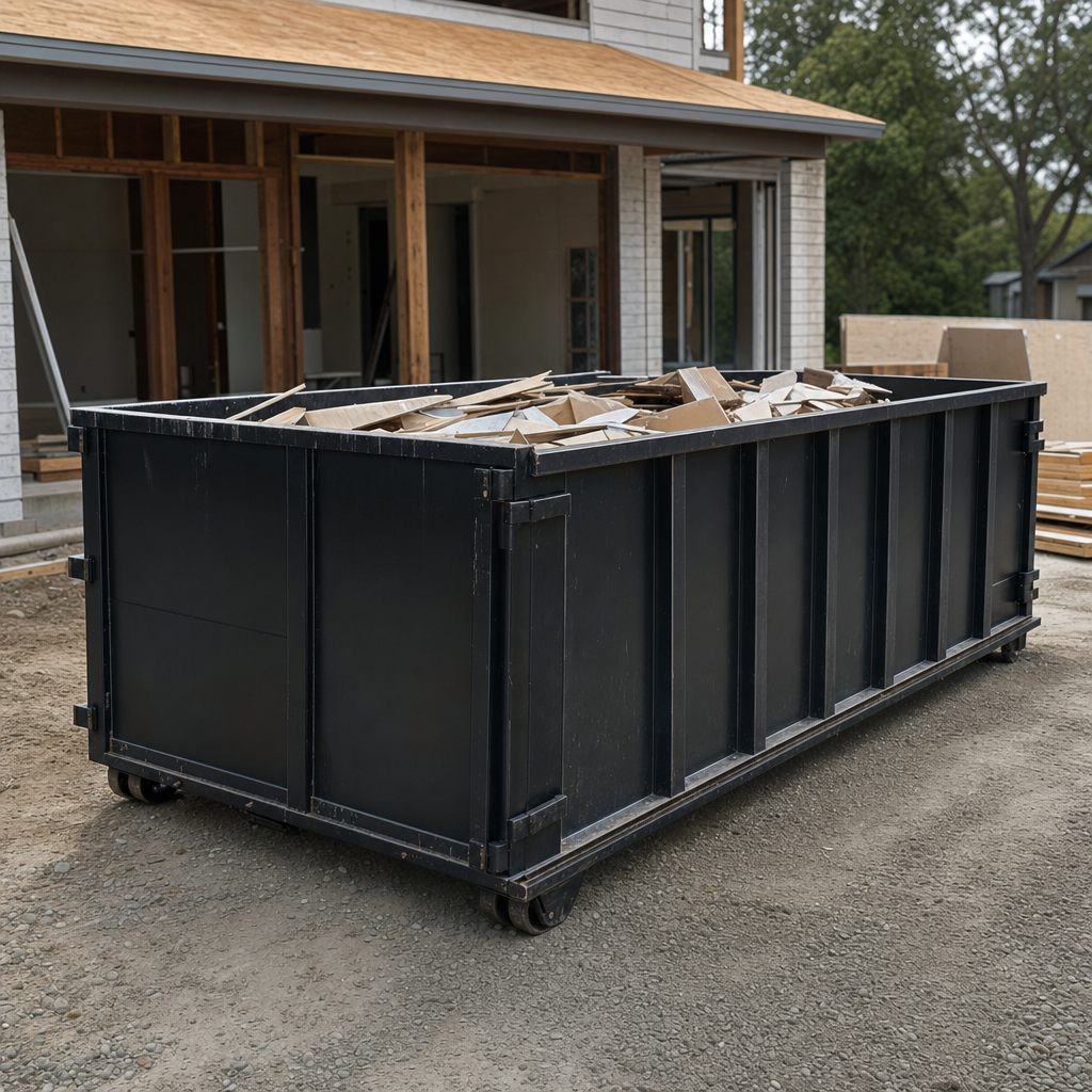 Large matte-black 30-yard construction roll-off dumpster at an active Iowa City jobsite, steel-gray top rails and bottom rollers visible, loaded with construction debris.