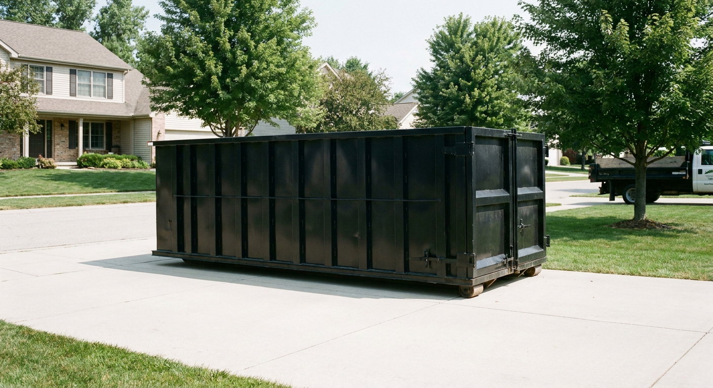 Matte-black 20-yard roll-off dumpster sitting level on a clean Iowa City residential concrete driveway under bright daylight, demonstrating clean placement directly on the concrete.