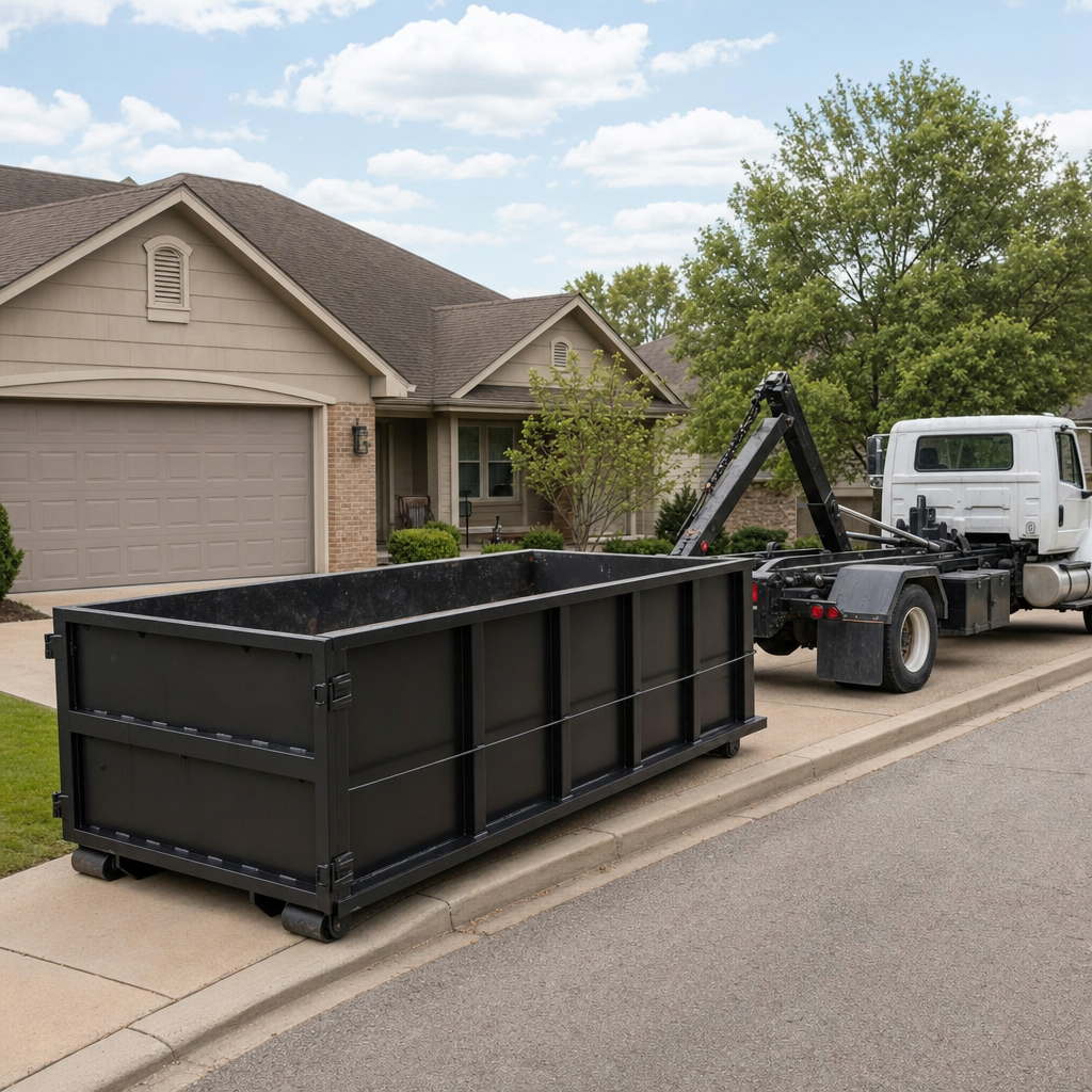 Wide documentary shot of a matte-black roll-off dumpster on a Iowa City residential driveway in the foreground and a contractor jobsite container in the soft-focus background, bright daylight, calm and orderly composition.
